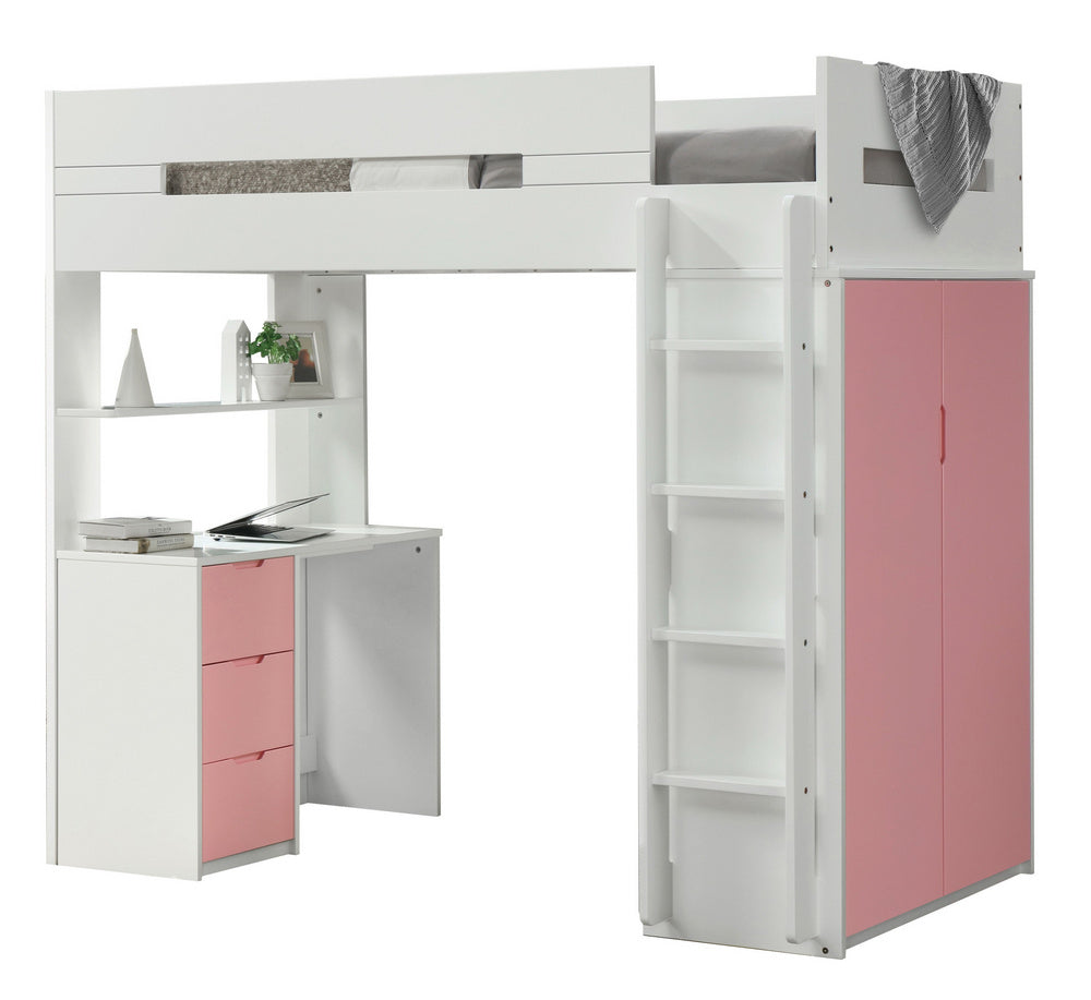 Nerice White/Pink Wood Twin Loft Bed with Desk & Wardrobe