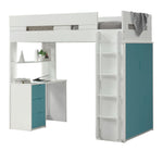 Nerice White/Teal Wood Twin Loft Bed with Desk & Wardrobe