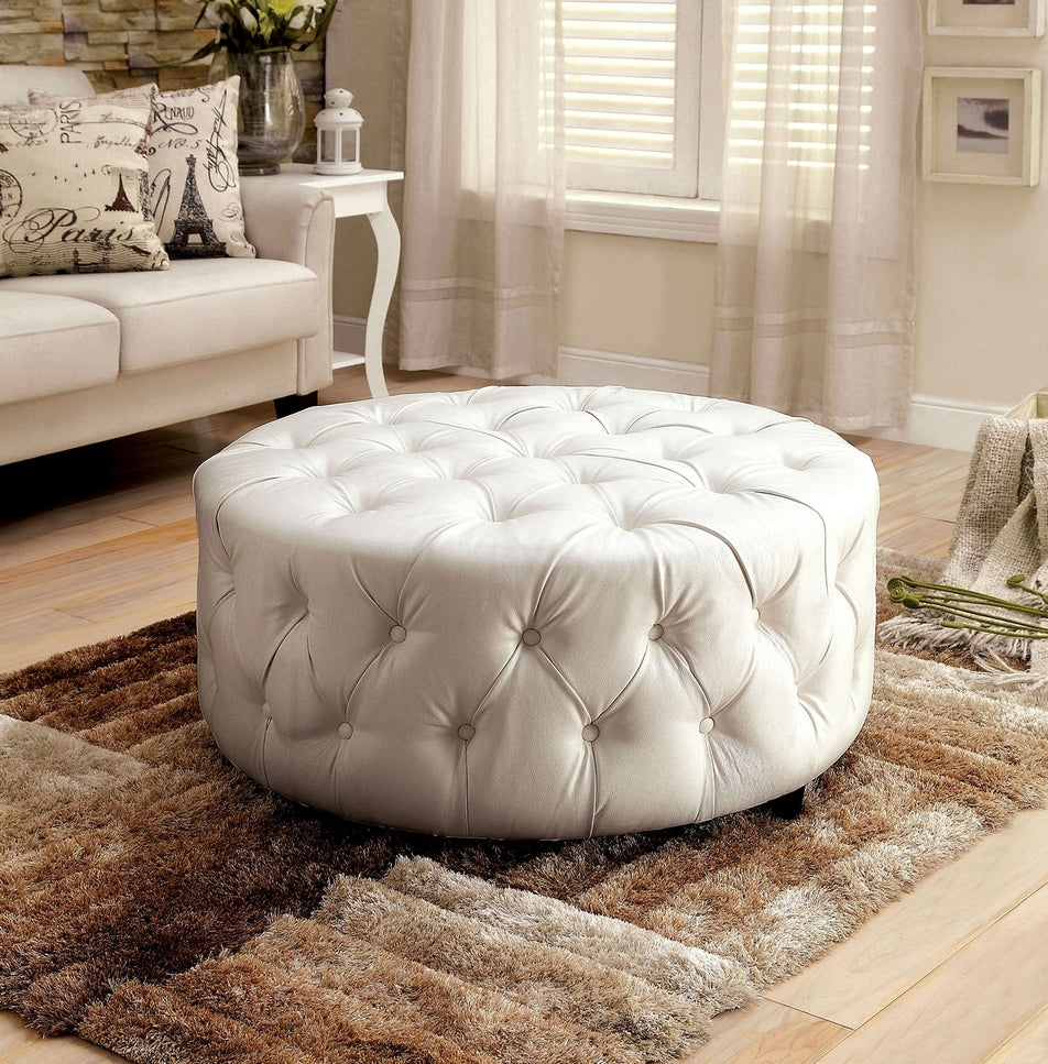 Latoya Round White Bonded Leather Ottoman