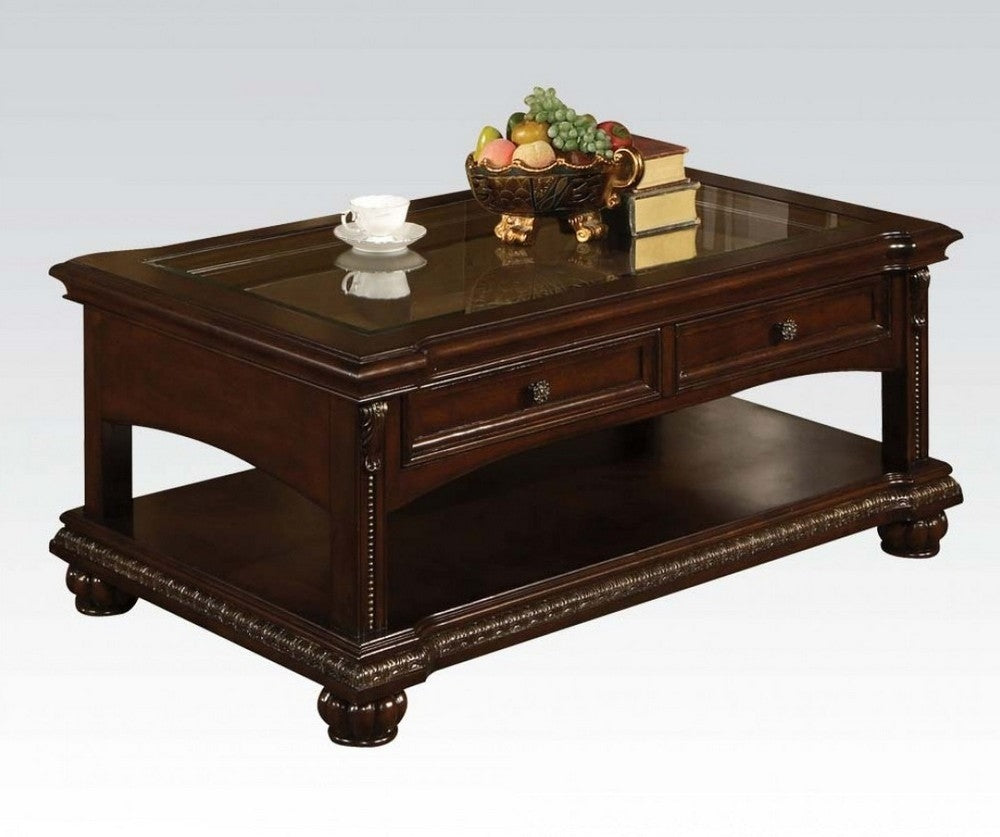 Anondale Cherry Wood Coffee Table with Glass Top & 1 Drawer