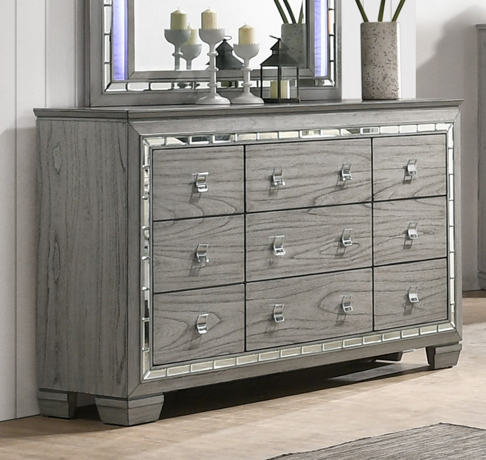 Antares Light Gray Oak Wood 9-Drawer Dresser with Mirror Trim