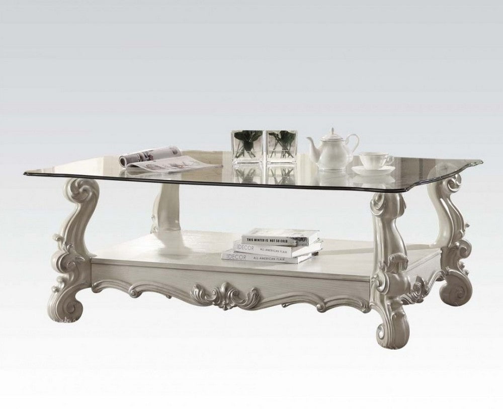 Versailles Bone White Wood Coffee Table with Clear Glass Top