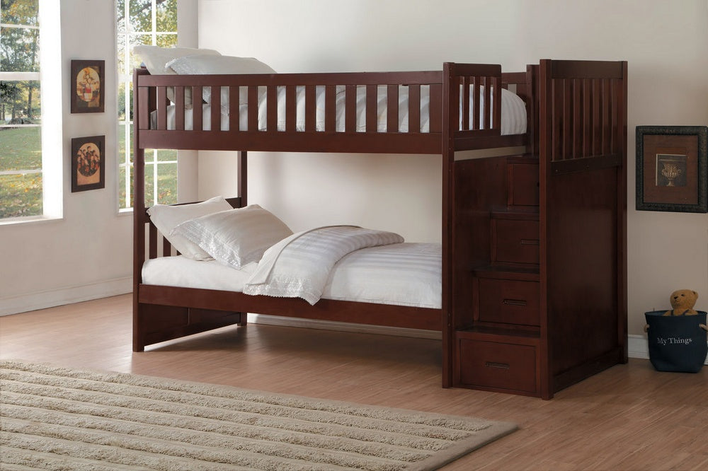 Rowe Dark Cherry Wood Bunk Bed with Step Storage