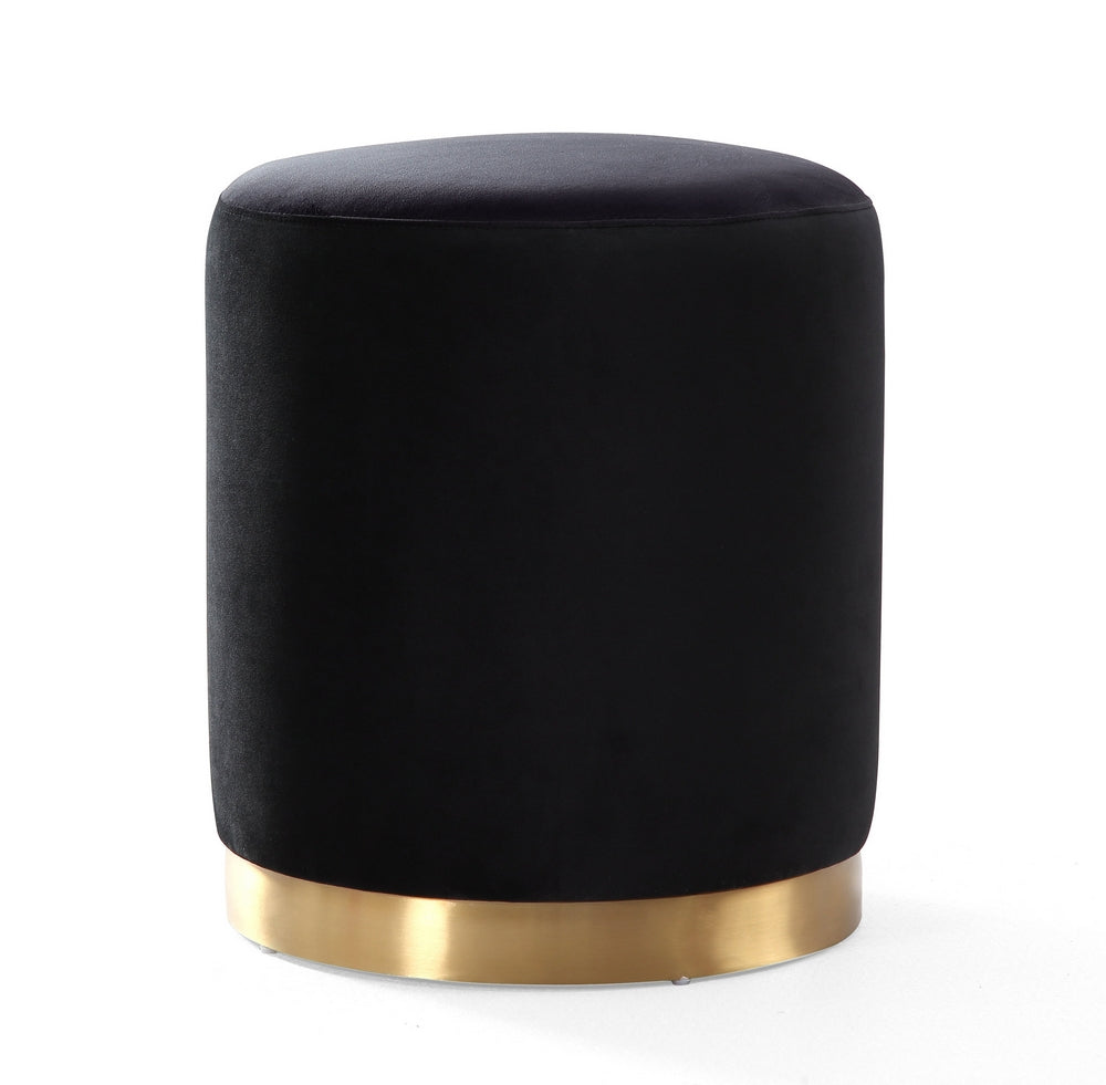 Opal Black Velvet Ottoman with Gold Metal Base