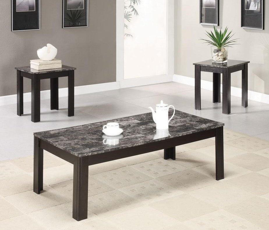 Ernest 3-Pc Black Wood Coffee Table Set with Faux Marble Top