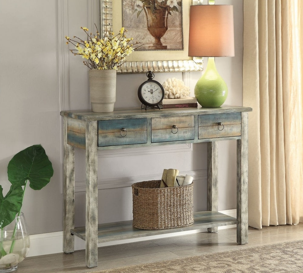 Glancio Antique White & Teal Wood Console Table