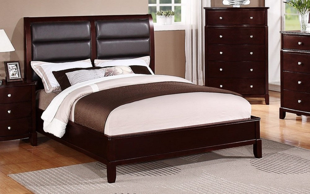 Emilia Cherry Wood Queen Bed w/Black Faux Leather Headboard