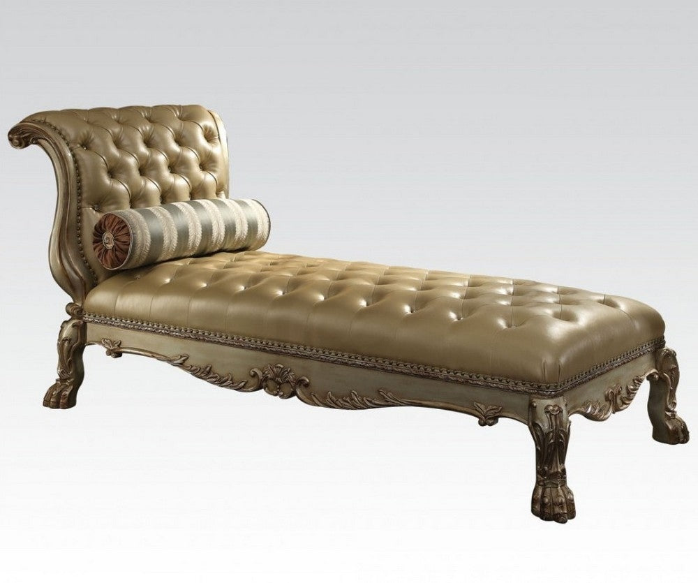 Dresden Bone PU Leather/Gold Patina Chaise with 1 Pillow