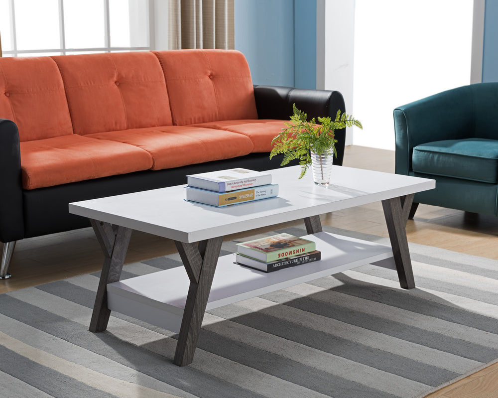 Sabrina White/Distressed Grey Wood Coffee Table with Shelf