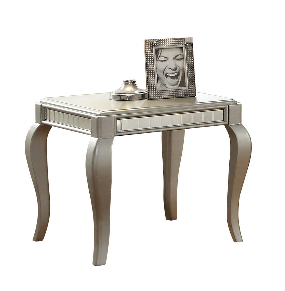 Francesca Silver Wood End Table with Mirror Trim Inlay