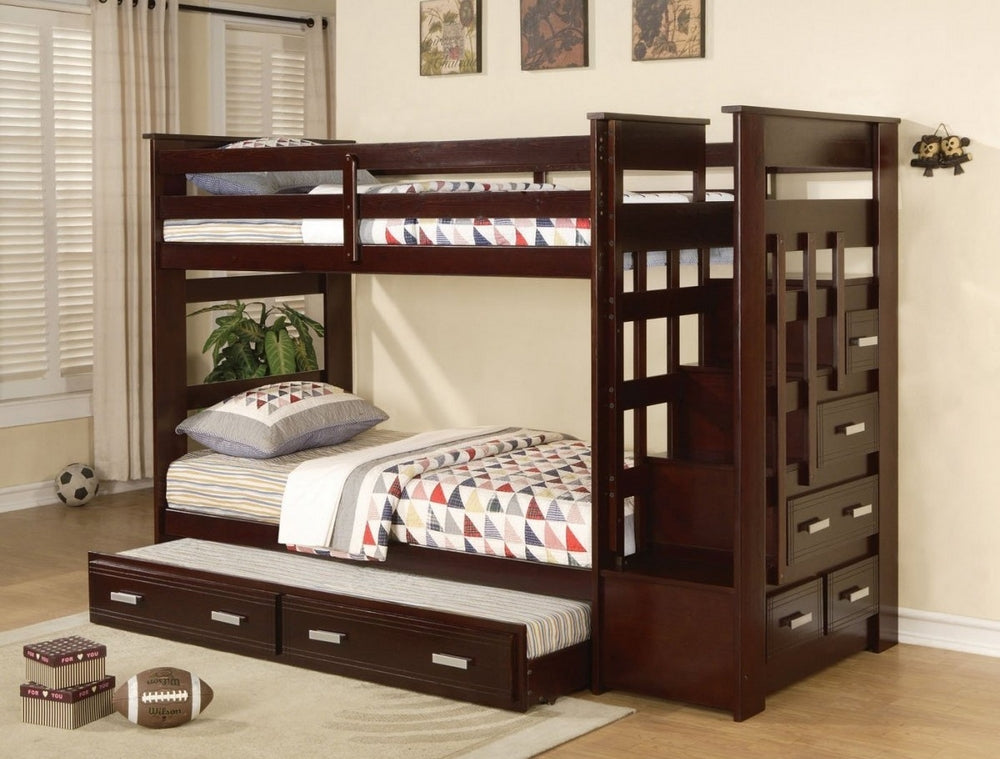 Allentown Espresso Wood Twin over Twin Bunk Bed with Storage