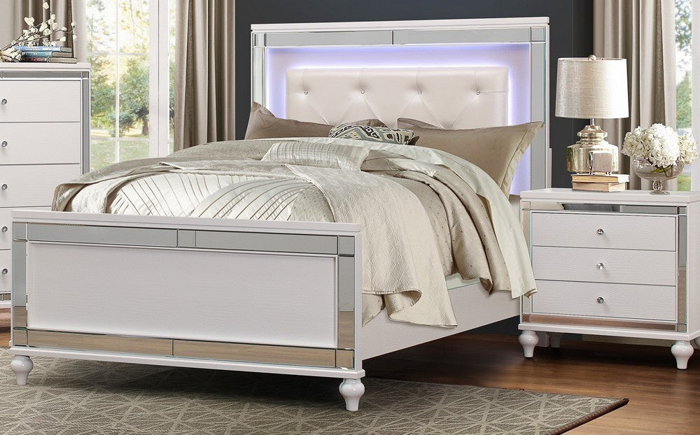 Alonza Brilliant White Wood Queen Bed with LED Lighting