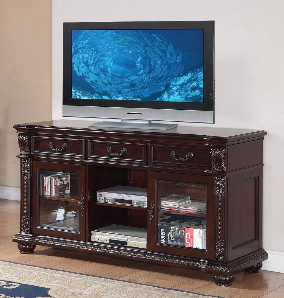 Anondale Cherry Wood TV Stand with 3 Drawers & Glass Doors