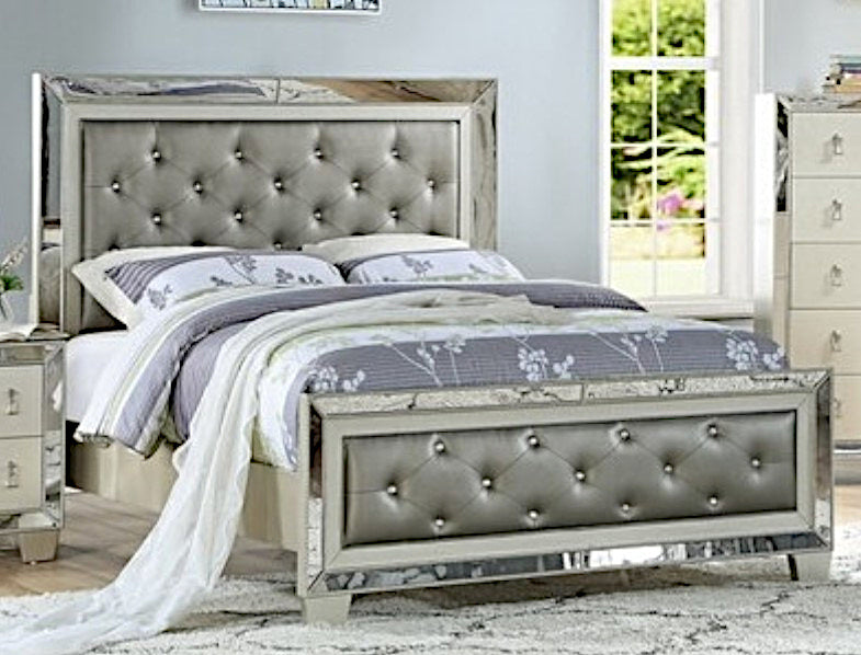 Bahar Silver Finish Wood Cal King Bed with Mirrored Accents