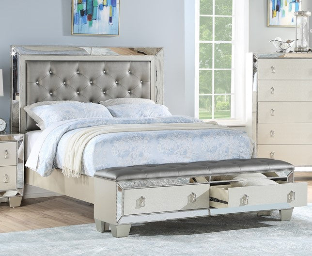 Bahar Silver Wood Queen Bed with-Drawers & Mirrored Panels