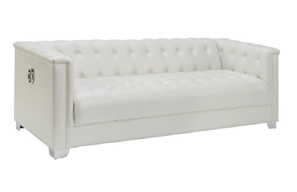 Chaviano Pearl White Leatherette Button Tufted Sofa