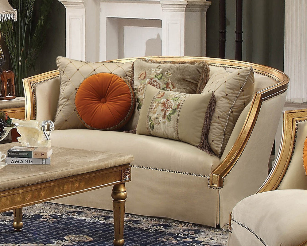 Daesha Bone/Antique Gold Fabric Loveseat with Nailhead Trim