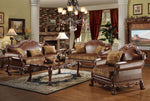 Dresden Brown PU Leather/Chenille/Cherry Oak 2-Seat Sofa with Pillows