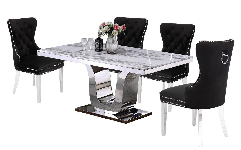 Bellamy 5-Pc White Marble/Black Dining Table Set