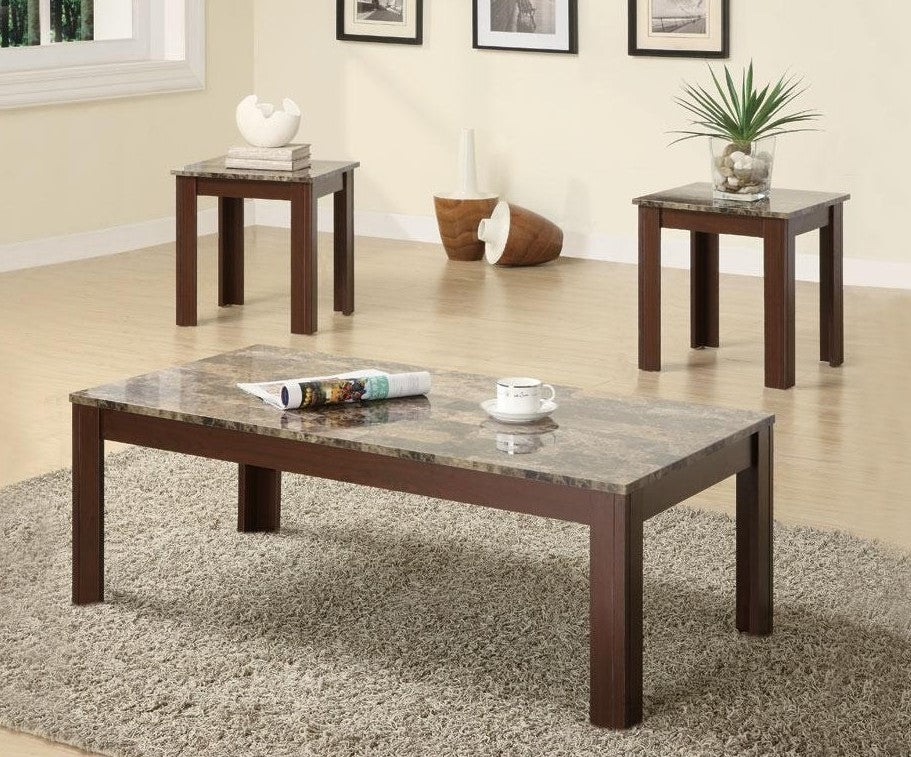 Ernest 3-Pc Brown Wood Coffee Table Set with Faux Marble Top