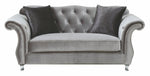 Frostine Silver Velvet Loveseat with Accent Pillows