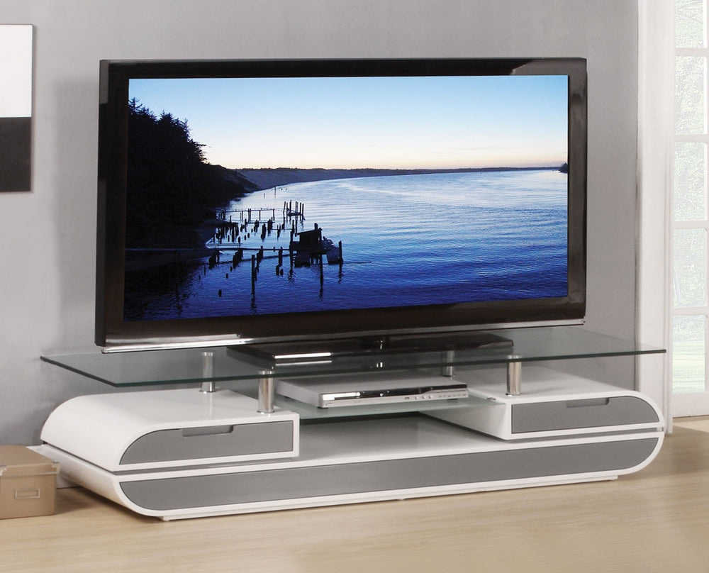 Lainey White/Gray Wood/Metal TV Stand with Glass Top