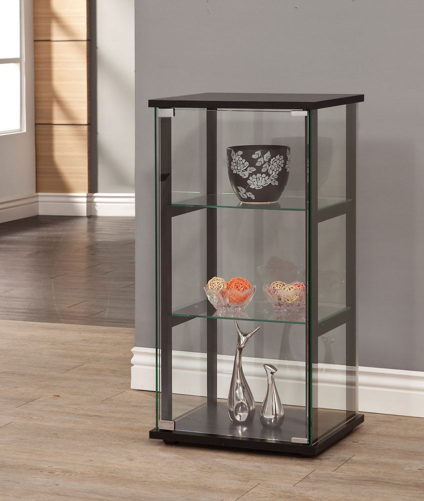 Melika Glass Curio Cabinet with Black Wood Top/Bottom