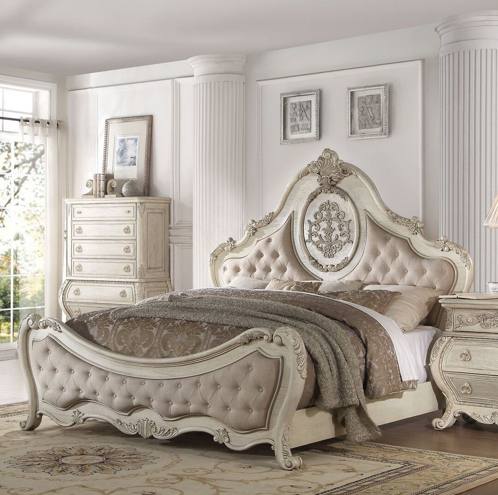 Ragenardus Antique White Fabric/Wood King Bed