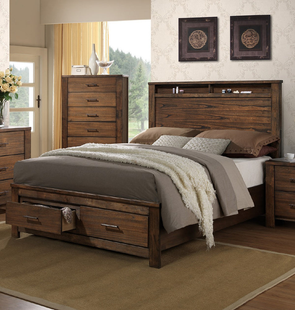 Rosalinda Natural Wood Cal King Bed with Shelf &-Drawers