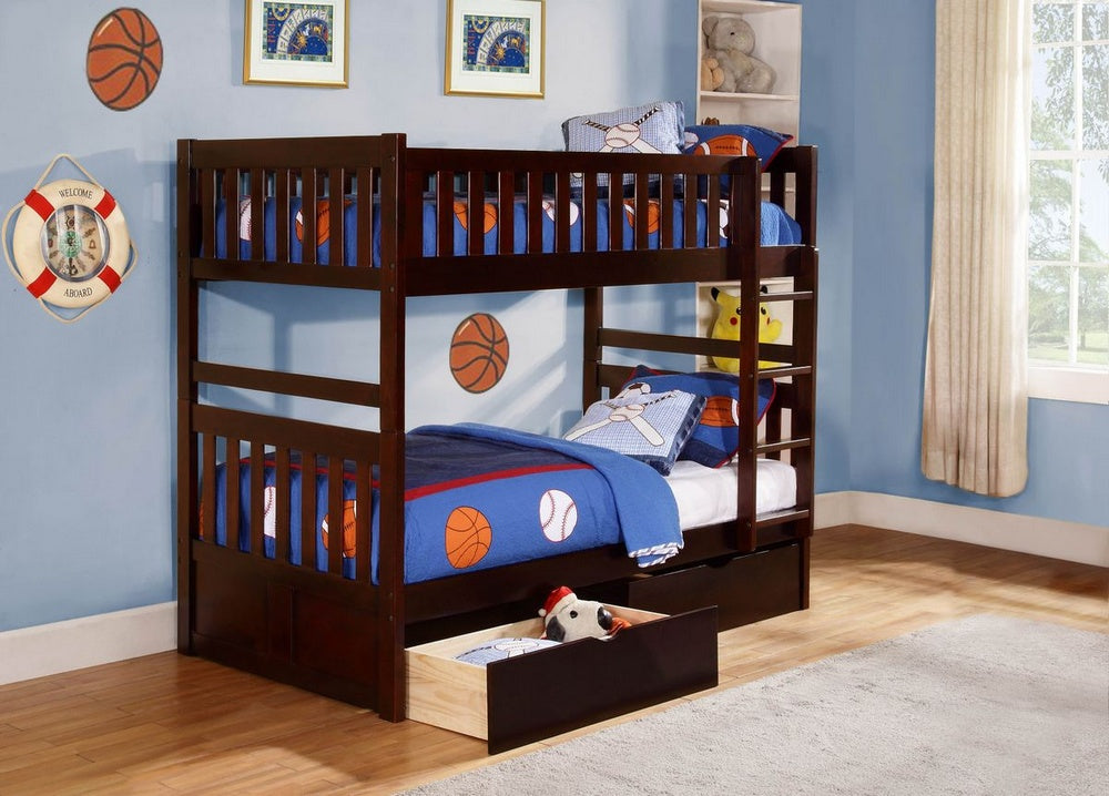 Rowe Dark Cherry Wood Twin/Twin Bunk Bed with Drawers