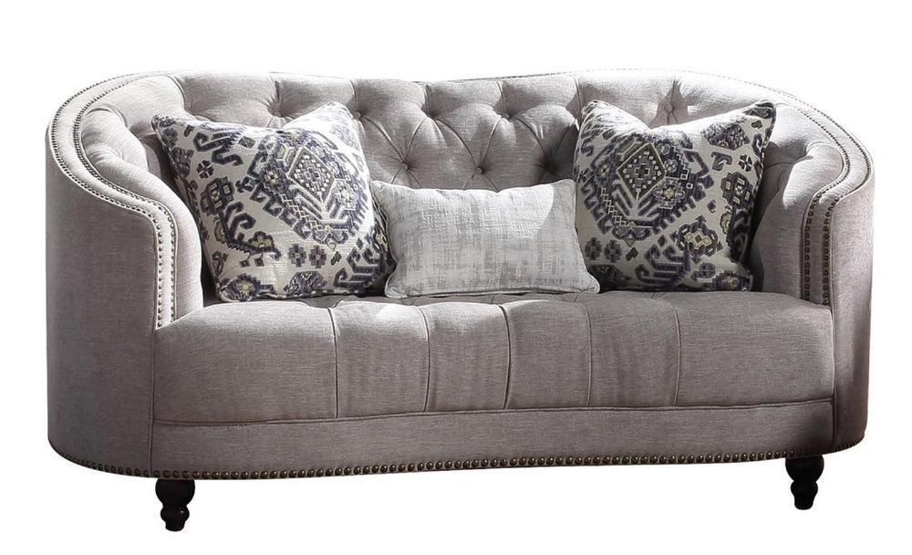 Saira Light Gray Fabric Button Tufted Loveseat with Nailhead Trim