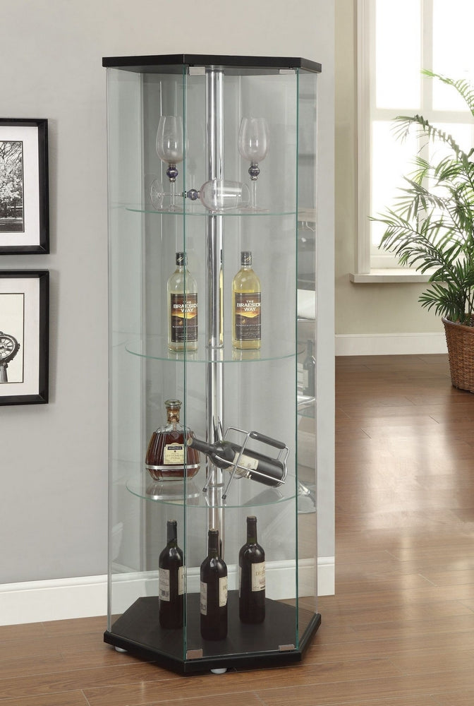 Salud Glass Hexagon Curio Cabinet with Black Wood Top/Bottom