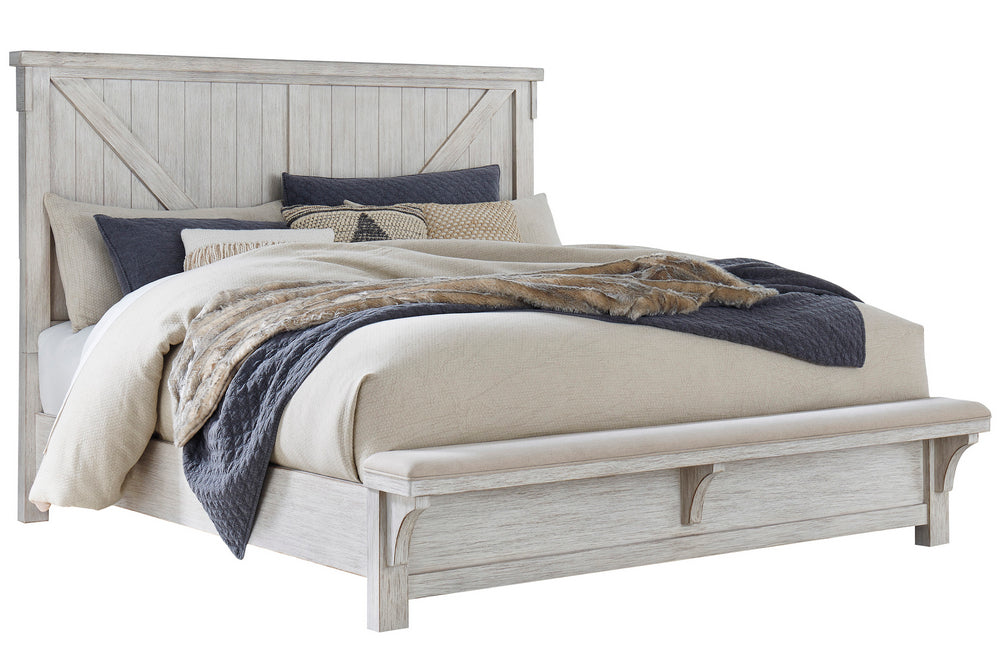 Brashland White Wood Cal King Panel Bed with Cantilevered Bench