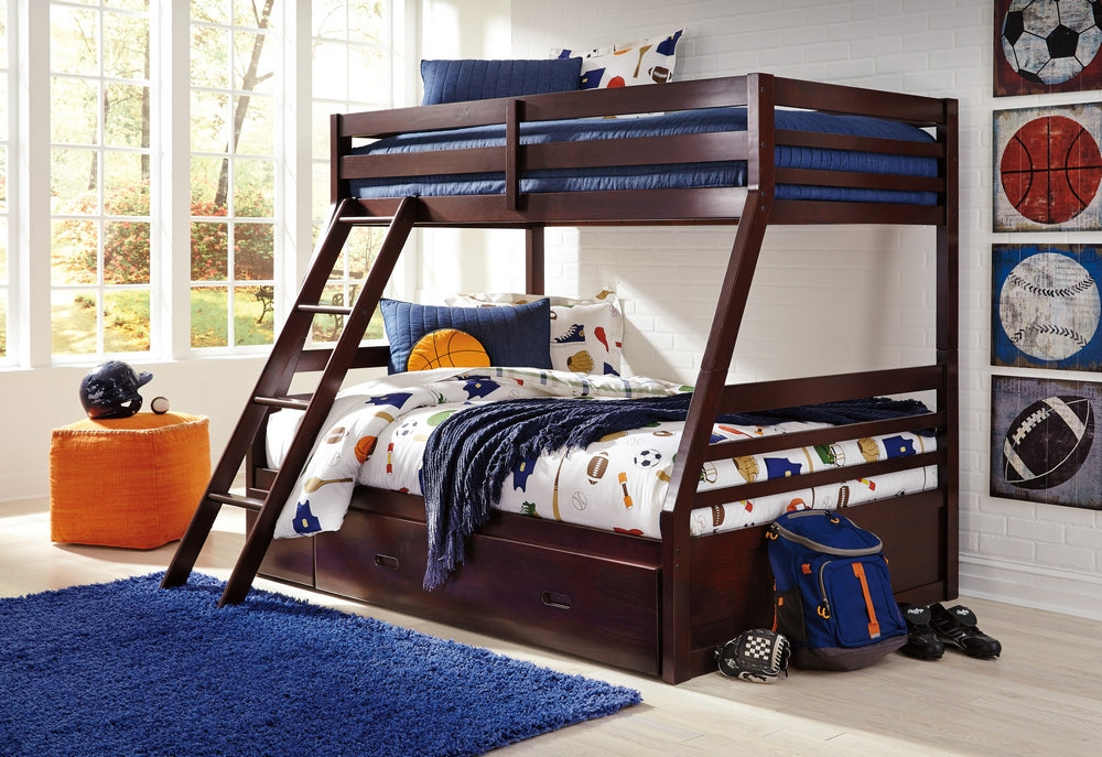 Halanton Dark Brown Wood Twin/Full Bunk Bed with Underbed Storage