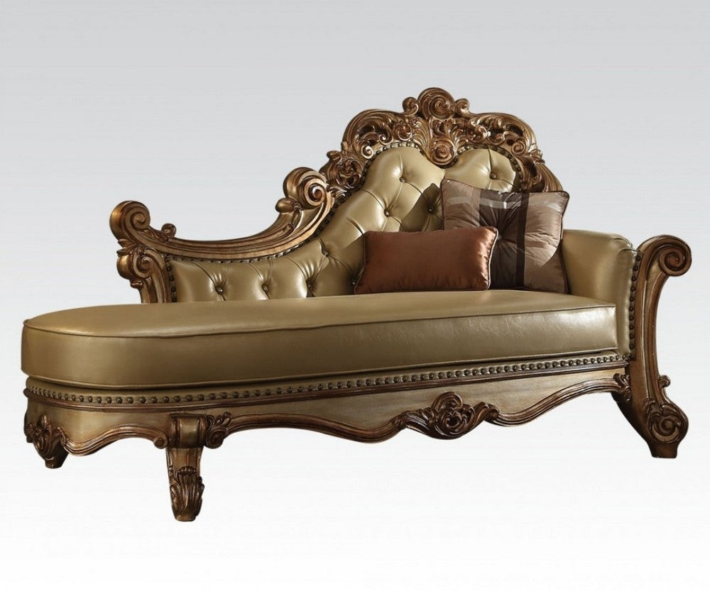 Vendome Bone PU Leather/Gold Patina Chaise with 2 Pillows