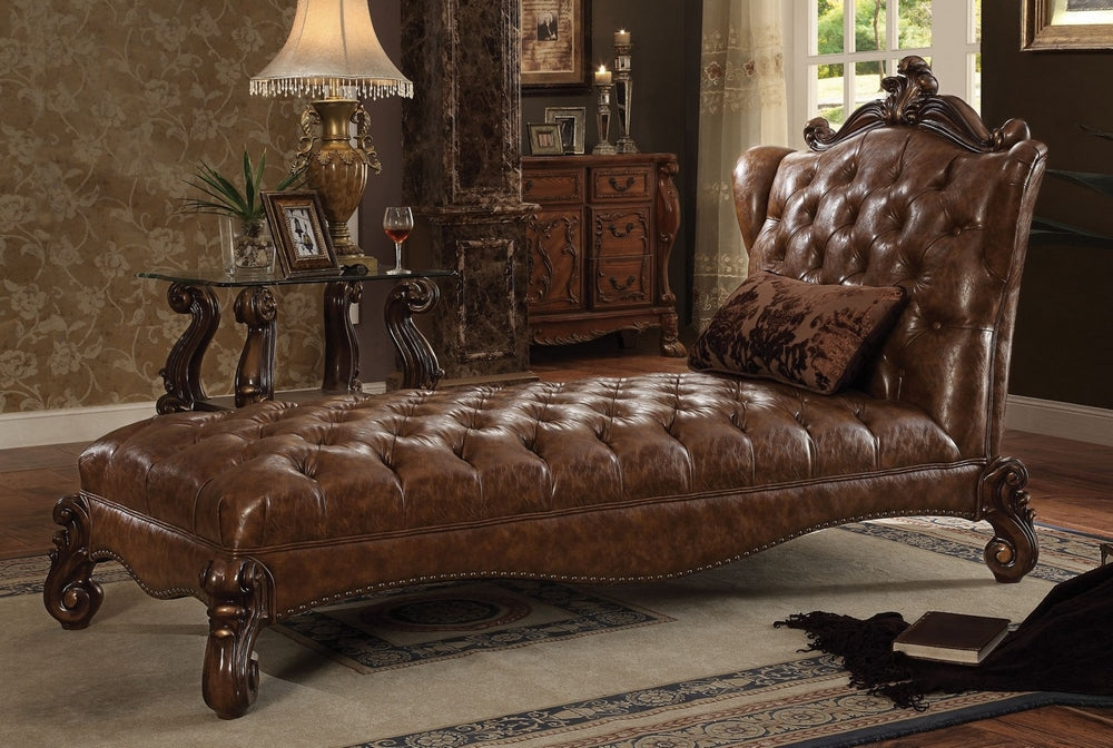 Versailles Light Brown PU Leather/Cherry Oak Chaise with Pillow