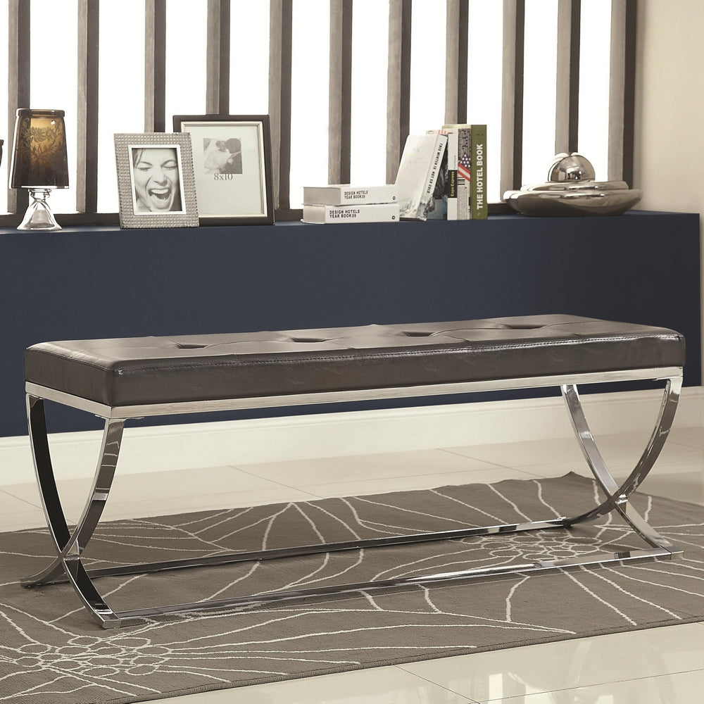 Giuliana Black Leatherette Upholstered Bench with Silver Legs