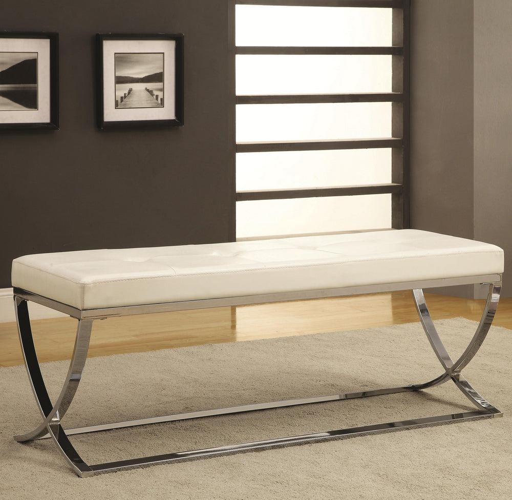 Giuliana White Leatherette Upholstered Bench with Silver Legs