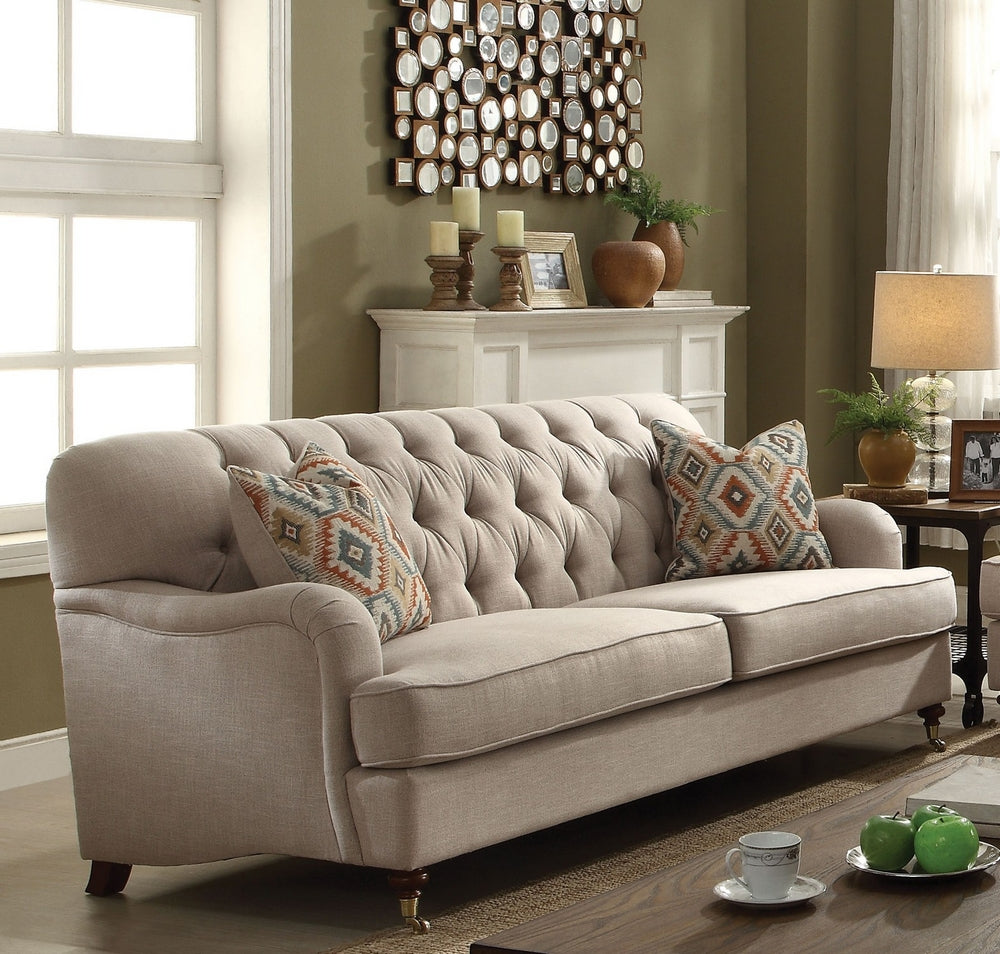 Alianza Beige Fabric Diamond Tuffted 2-Seat Sofa with 2 Pillows