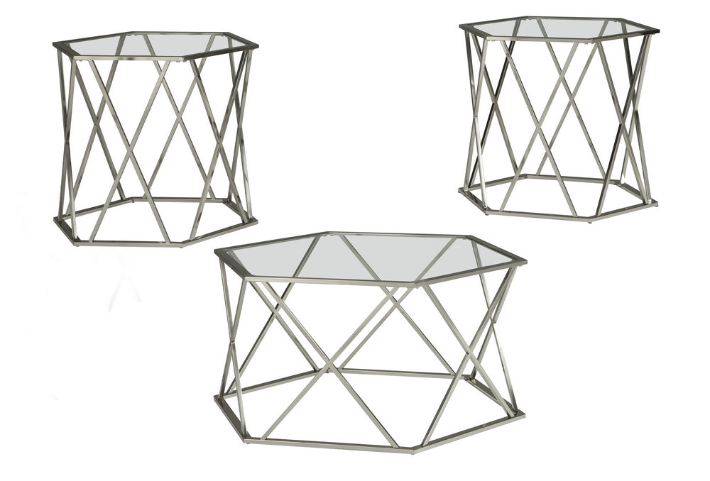 Madanere 3-Pc Clear Glass/Chrome Metal Coffee Table Set