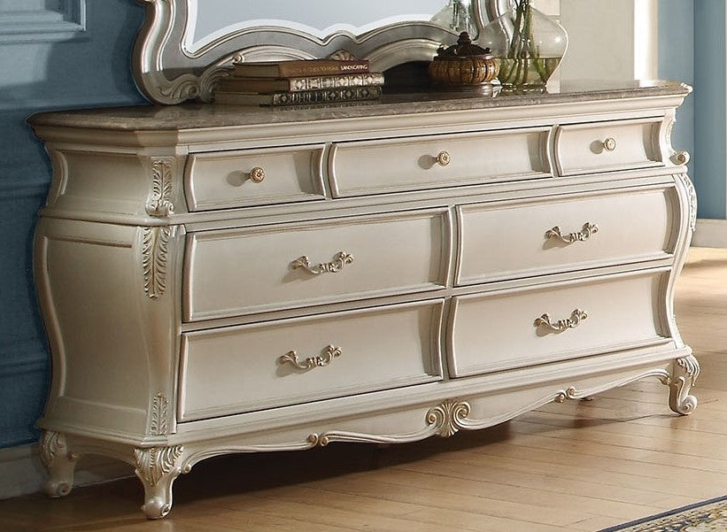 Chantelle Pearl White Wood Dresser with Granite Top