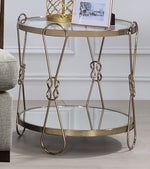 Zekera Champagne Metal Round End Table with Mirrored Top & Shelf