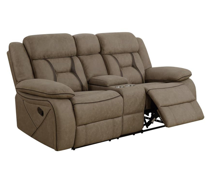 Higgins Tan Coated Microfiber Manual Recliner Loveseat