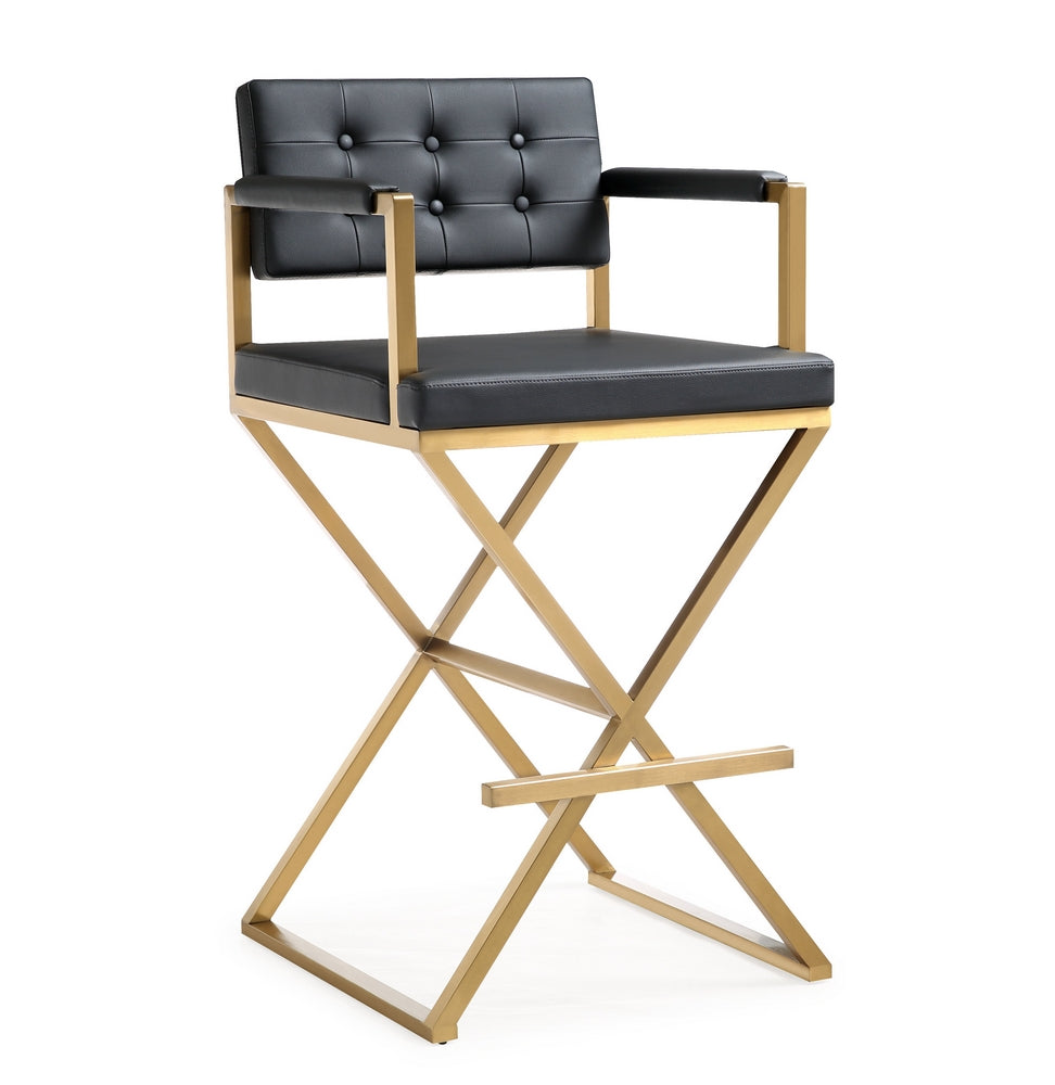 Director Black Vegan Leather/Gold Steel Bar Stool