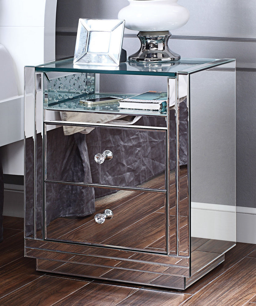 Nysa Mirrored 2-Drawer Nightstand with Faux Crystals