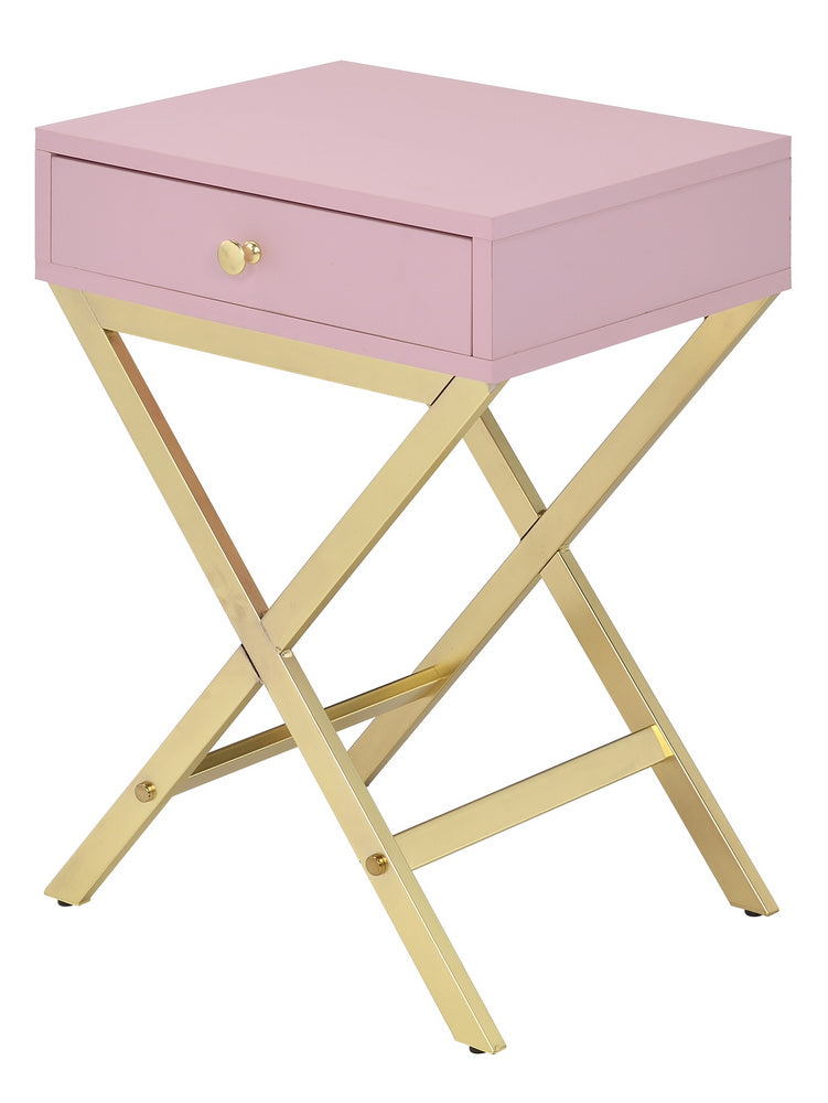 Coleen Pink Wood/Gold Metal Side Table with Drawer