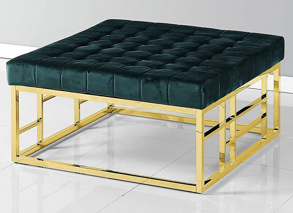 Elyse Green Velvet/Gold Metal Accent Ottoman