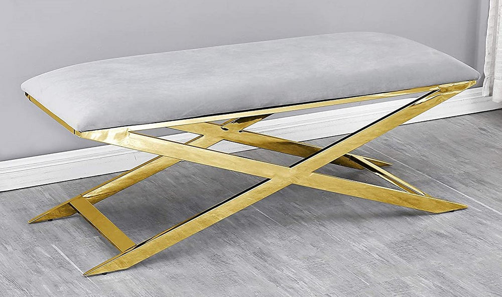 Elina Grey Velvet/Gold Metal Accent Bench