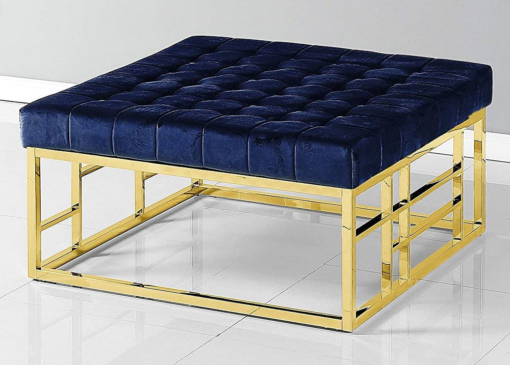 Elyse Blue Velvet/Gold Metal Accent Ottoman