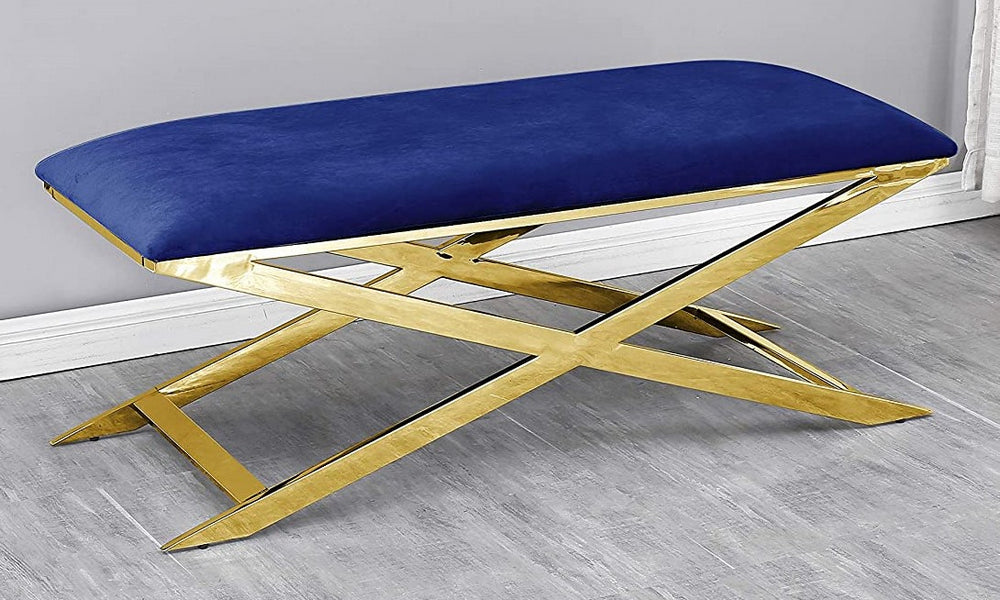 Elina Blue Velvet/Gold Metal Accent Bench